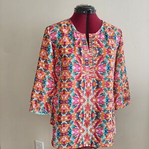 Coldwater Creek Womens Tunic Blouse Pink Orange Abstract Print Lightweight PS P8